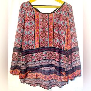 Society Girl Exposed Back, Long Sleeves, Multi colored Patterns Blouse Size M.